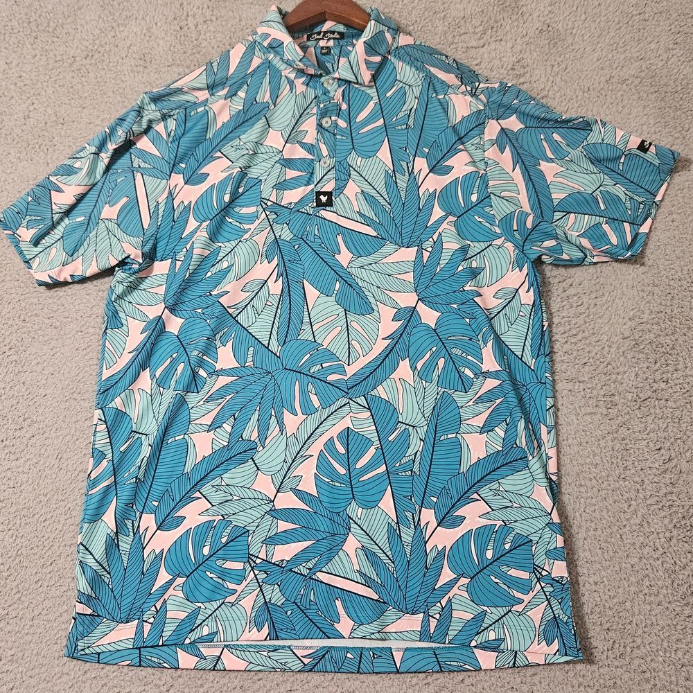 Bad Birdie Golf Polo Shirt Mens Size Large Green Pink Floral Tropical Stretch‎
